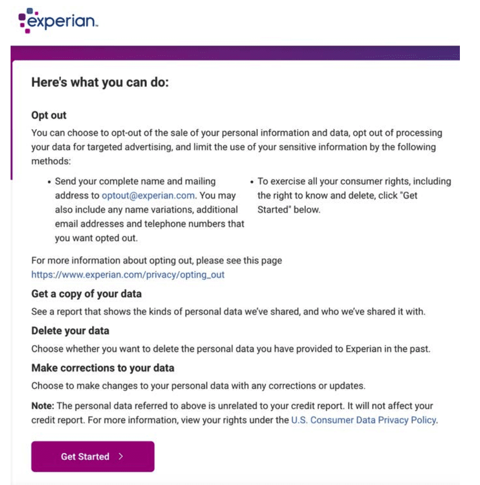 Example Experian Opt-Out Page
